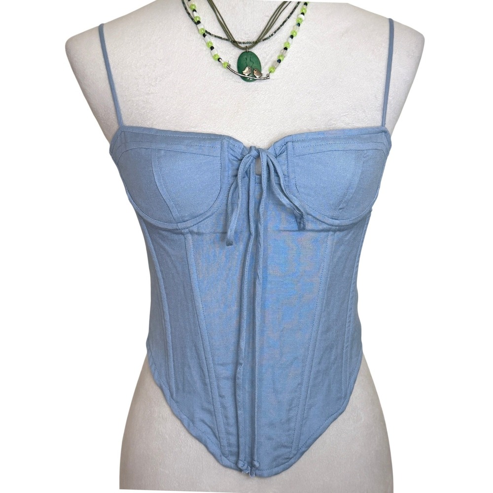 Linen Blend Bustier Corset Womens Top Underwire Milkmaid Tie Front Boho Fairy S